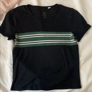 black, green and white cropped shirt